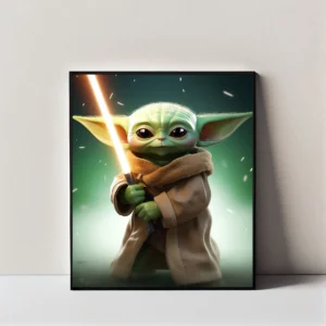 Baby Yoda Grogu Holding Lightsaber Wall Art Frame
